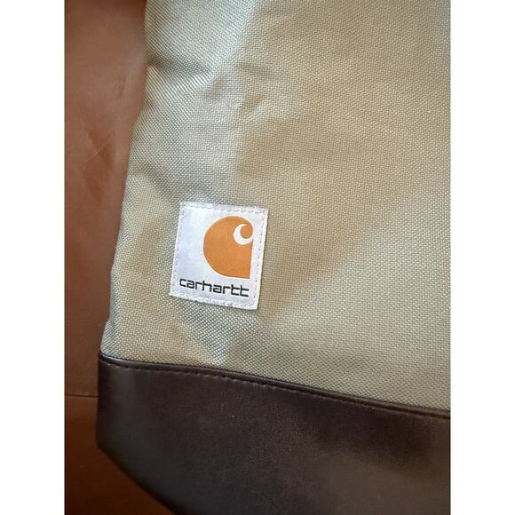 Carhartt Green Khaki Canvas Tote Bag Brown Base Zip Top Convertible Strap Pocket - Picture 2 of 4